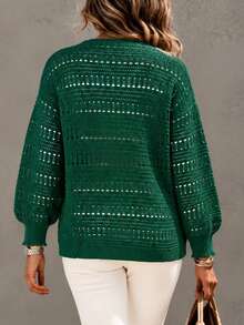 Women's Plus Size Elegant Knit Cardigan, Long Dropped Shoulder Sleeves, Ribbed Knit Details, Autumn/Winter Fashion Style - Dark Green - View 2