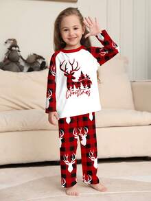 Children's Christmas Pajama 2 Pieces Set, Red & Black Contrast Raglan Long Sleeve Top With Reindeer, Christmas Tree & Blessing Print, Red & Black Plaid Reindeer Head All-Over Print Pants, Holiday Loungewear Set, Christmas Gift - Multicolor - View 1