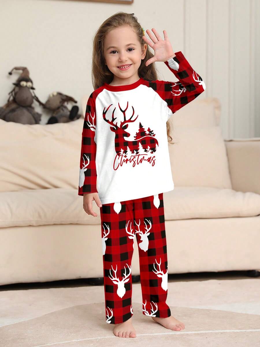 Children's Christmas Pajama 2 Pieces Set, Red & Black Contrast Raglan Long Sleeve Top With Reindeer, Christmas Tree & Blessing Print, Red & Black Plaid Reindeer Head All-Over Print Pants, Holiday Loungewear Set, Christmas Gift - Multicolor - View 1