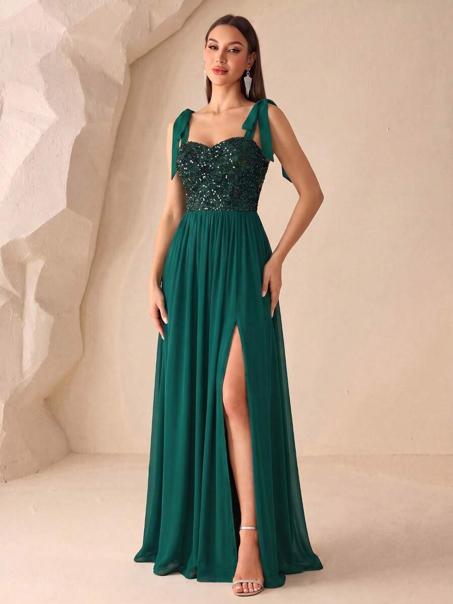 Contrast Color Sequin High Slit A-Line Chiffon Formal Bridesmaid Dress, Wedding Guest Dress, Graduation Ceremony, Evening Gown - Dark Green - View 1