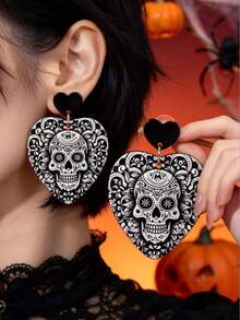 1 par de pendientes colgantes de calavera y corazón exagerados, divertidos y creativos para Halloween - Multicolor - Ver 10