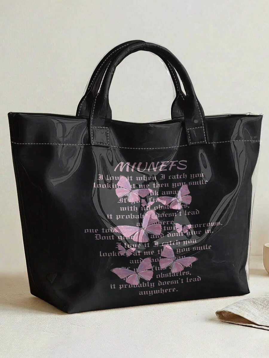 1pc Lavender Butterflies Print Glossy PVC Tote Bag,Large Capacity,Top Handle,For Beach,Commute & Daily Use,Versatile And Practical.Ideal Gift Item - Black - View 1