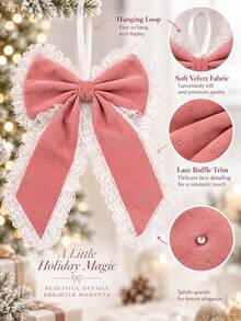 2pcs Pink Rhinestone Lace Bow Hanging Decorations, Large Christmas Tree Bow Decor With White Lace Trim, Holiday Wreath Embellishment, Staircase Garland Ribbon Bow, Gift Box Fireplace Window Holiday Home Party Decor, Winter Indoor Hanging Decoration - Multicolor - View 7