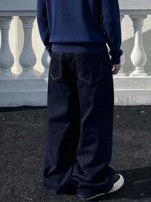Teenage Boys' Blue Washed Baggy Jeans, Retro Wide Leg Straight Fit, European & American Street Style - Dark Wash - View 1