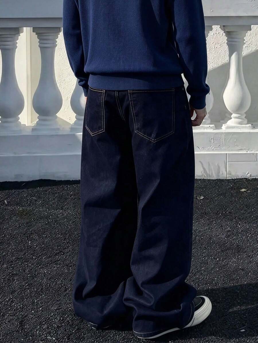 Teenage Boys' Blue Washed Baggy Jeans, Retro Wide Leg Straight Fit, European & American Street Style - Dark Wash - View 1