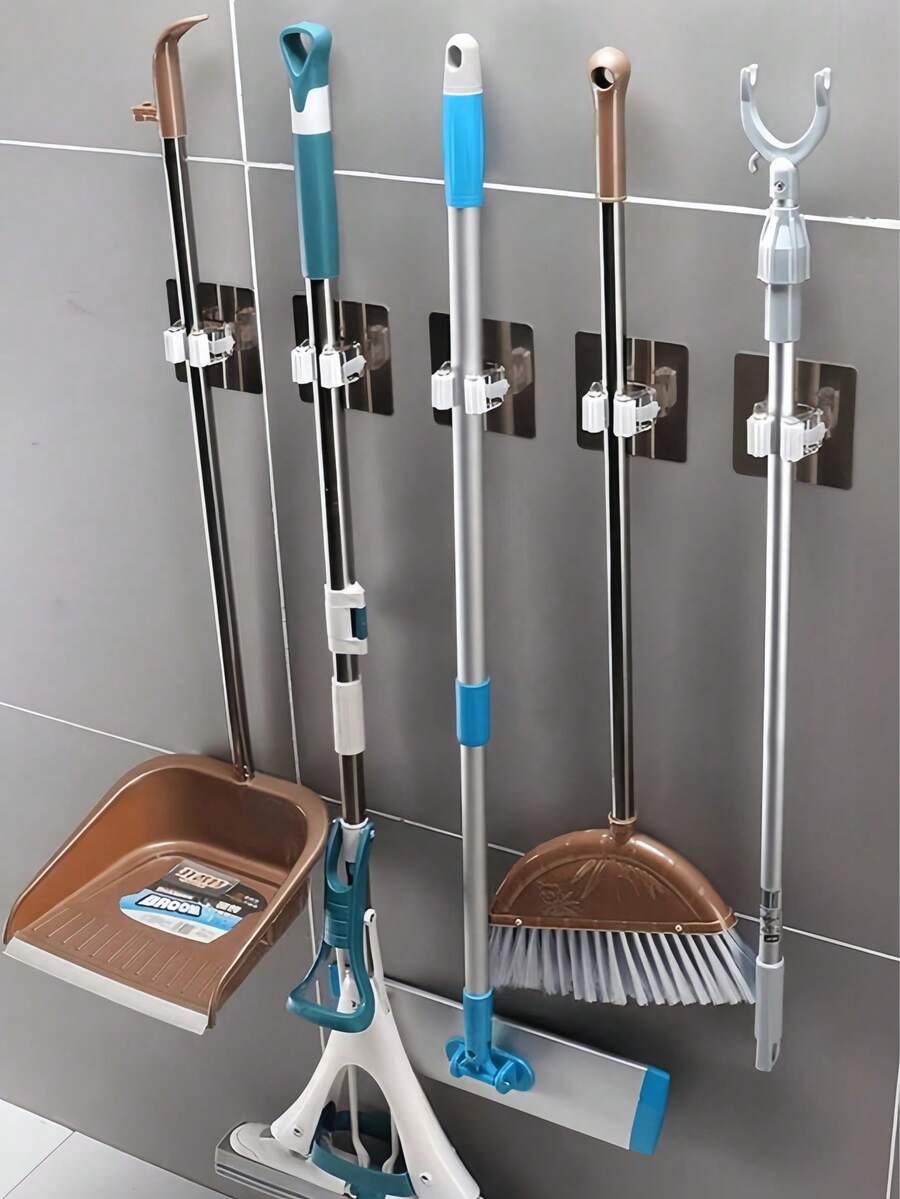 1pc No-Punch Wall-Mounted Mop Holder Hook, Strong Adsorption, Ideal For Kitchen, Bathroom, Balcony, Courtyard, Mop Storage, Tableware Storage