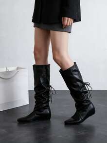 Plus Size Women's Ruched Knee-High Boots, Square Toe Flat Back Lace-Up Tall Boots, Vintage Slouchy Suitable For Autumn/Winter Weekend Shopping And Evening Outings - Black - View 1