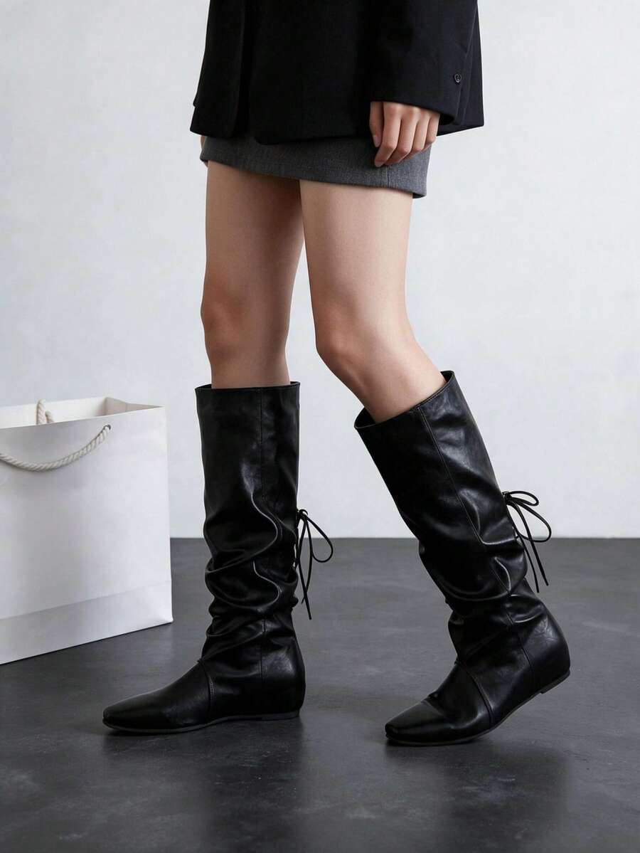 Plus Size Women's Ruched Knee-High Boots, Square Toe Flat Back Lace-Up Tall Boots, Vintage Slouchy Suitable For Autumn/Winter Weekend Shopping And Evening Outings - Black - View 1