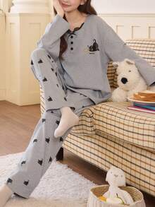 2pcs Women's Pajama Lounge Set, Pullover Round Neck Cute Cat Print Minimalist Long Sleeve Cropped Pants, Comfortable For Home Wear - Grey - View 1