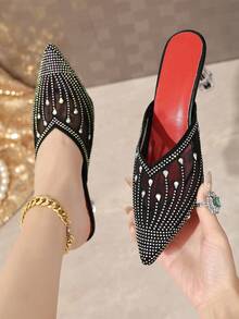 Women's Mesh Rhinestone Pointed Toe Transparent Chunky Heel Closed Toe Slip-On Mule Sandals For Party, Wedding, Evening Wear - Black - View 1