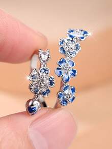 1 Exquisitely Set Cubic Zirconia "Drop-Oil" Cherry Blossom Women's Ring-A Romantic Accessory For Dates And A Delicate Choice For Everyday Wear - Blue - View 6