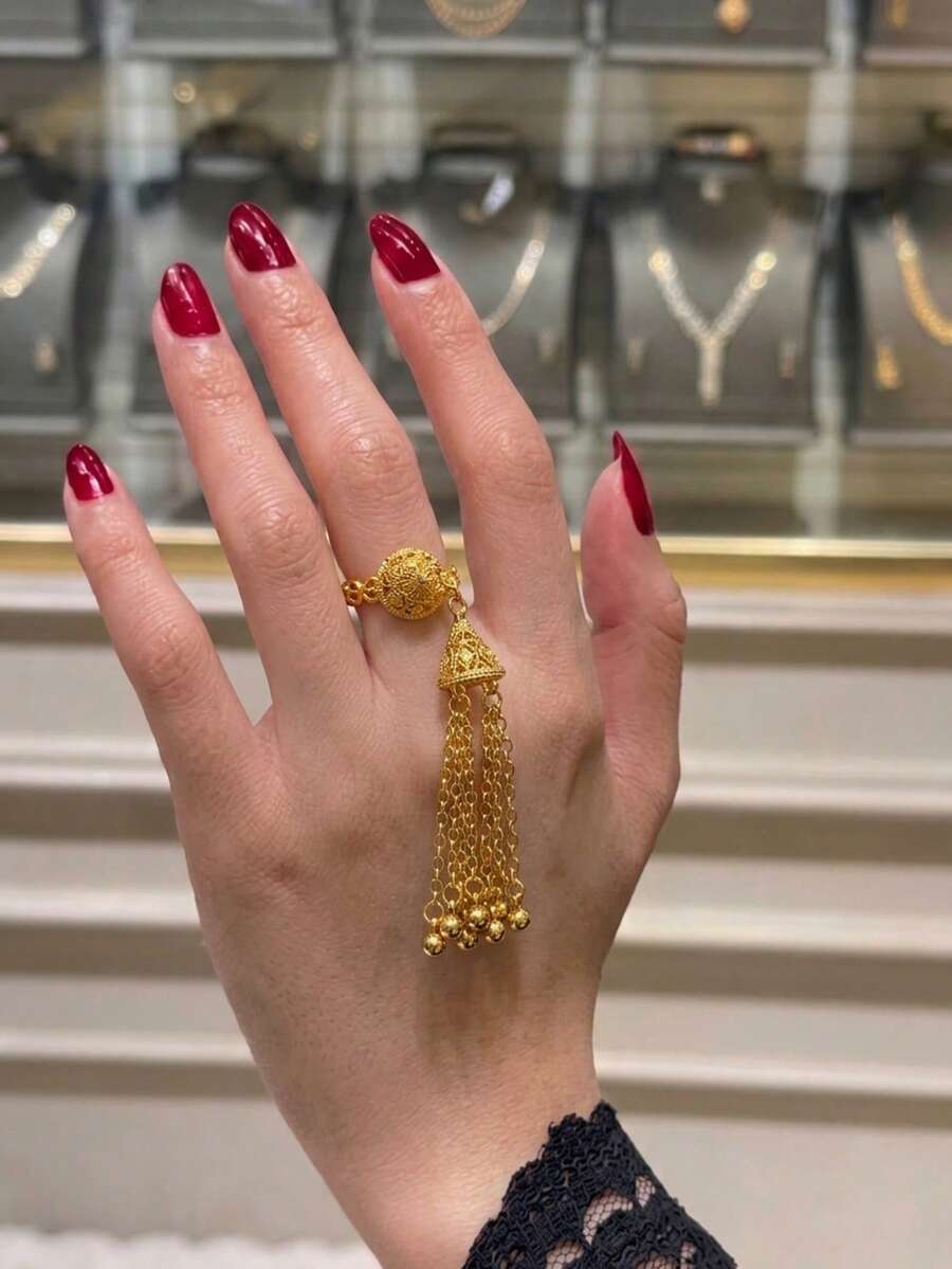 24K Gold Plated Ring, Rust-Resistant Gold Alternative Filigree Disc Jhumka Bell Multi-Strand Tassel Chain Statement Ring Jewellery Women - Tassel Ring - View 1