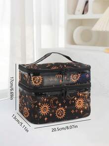 1 buah Tas Kosmetik Jala Dua Lapis Motif Matahari, Bintang, dan Bulan Vintage, Tas Penyimpanan Kosmetik Portabel Kapasitas Besar Transparan, Cocok untuk Perjalanan, Liburan, di Rumah, Hadiah untuk Teman - Hitam - View 6
