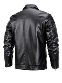 Men's Lapel Long Sleeve Single-Breasted PU Leather Jacket - Black - View 2