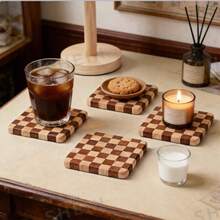 1PC/2PCS/3PCS/4PCS Checkerboard Solid Wood Coffee Coasters, Creative Square Coasters, Antibacterial And Mildew-Proof Household Heat Insulation Pads, Tea Trays, Cake Trays, Tea Coasters, Small Trays Suitable For Home, Office, Teahouse Use - Multicolor - View 2