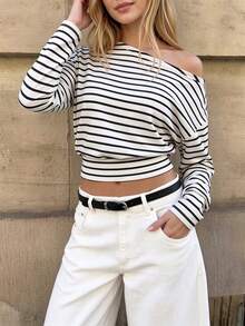 Women's Striped Asymmetric Shoulder Casual Everyday Long Sleeve Top - Black and White - View 3