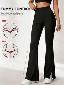 Women's High Waist Tummy Control Black High Stretch Slimming Flare Pants - Black - View 5