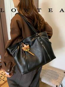 1pc Solid Color PU Fabric Women's Casual Large Capacity Shoulder Tote Bag With Cloud Pleated Design, Double Handles And Zipper Closure, Suitable For Daily Shopping And Commuting (With Pendant) - Black - View 5