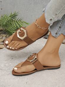 Summer New Vintage Large Buckle Flat Flip Flop Thong Sandals Daily Vacation Beach Shoes - Brown - View 6