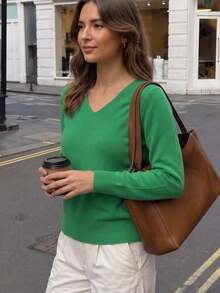 GIGOGOU Plus Size 1XL-4XL Basic Spring/Autumn Thin Yellow Knit Sweater, Soft Comfortable Casual Pullover Top For Women - Green - View 4