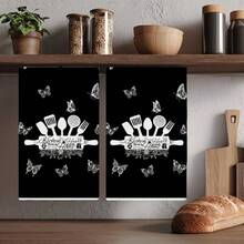 2pcs/Set, Fun Kitchen Knife & Fork Pattern Kitchen Towels, Super Soft & Highly Absorbent Dish Cloths, Cooking Baking Tea Towels, Dish Cloths, Tea Towels, Kitchen Decor, Neighbor Gift, Mom Gift, Birthday Gift, Sweet Housewarming Gift For Friends, Kitchen Accessories, Decorations, Daily Necessities, Christmas Gift, Christmas Decor. - Black - View 8