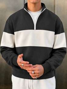 Men's Casual Fashionable Versatile Contrast Color Collegiate Style Comfortable Half-Zip Long Sleeve Sweatshirt, Autumn/Winter - Dark Grey - View 1