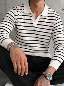 Men's Autumn/Winter Casual Striped Knit Sweater, Turn-Down Collar, Loose Fit, Horizontal Stripes, Color Block, Pullover Long Sleeve Polo Base Layer - Apricot - View 3