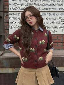 Áo cardigan len thêu hoa, dáng ngắn, cài nút trước, cổ tròn, tay dài, len mềm, màu đỏ rượu vang, phong cách vintage mùa thu, áo khoác layer thường ngày - Đỏ - Xem 5