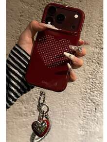 Premium Cherry Red Silver Heart Phone Case Compatible With Iphone 18 Pro Max, 17 Pro, 16, 15, 18 PM, Full Coverage, Double Layer Anti-Drop Phone Cover With Lanyard, For Women - Burgundy - View 1
