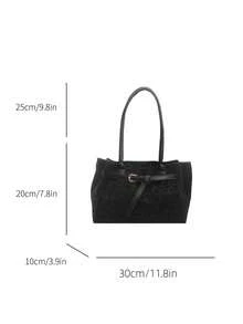 Women's Leopard Print Faux Suede Tote Bag, Vintage Buckle Decor Shoulder Handbag, Large Capacity Casual Commute Shopping Bag - Black - View 7