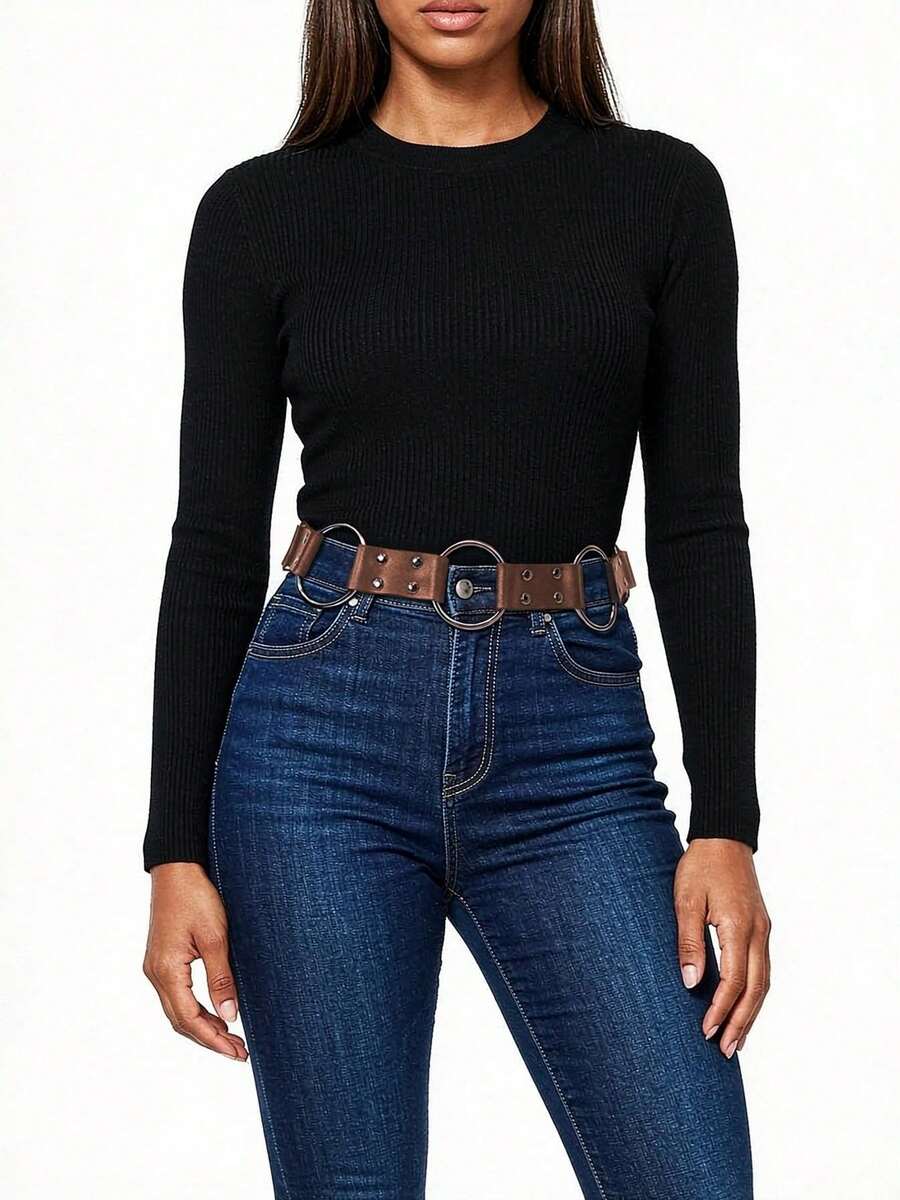 1pc Women's Brown Punk PU Leather Multi-Ring Belt, Suitable For Halloween And Daily Commute - Coffee Brown - View 1