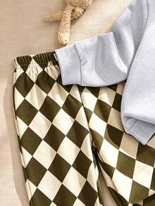 2pcs/Set Boys Cartoon Chick Print Crew Neck Sweatshirt + Random Cut Diamond Plaid Pants, Comfortable & Fashionable Autumn/Winter New Style - Multicolor - View 5