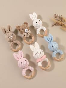 1pc Crochet Hand Bell Toy Rabbit Bear, Available In White, Pink, Blue, Beige, Brown Rabbit, Brown Bear, Baby Gift - Multicolor - View 2