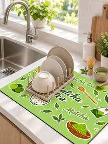 1pc Matcha Tea Fresh Japanese Style Dish Drying Mat, Absorbent Dish Drying Pad, Coffee Machine Mat, Dishwashing Mat, Sink Mat, Kitchen Countertop Protector, Suitable For Cups, Plates, Tableware And Kitchen Decor - Multicolor - View 3
