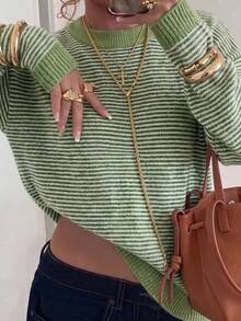 Relaxed Vibe Green & White Thin Horizontal Striped Crew Neck Pullover Sweater Women's Long Sleeve Top Solid Green Ribbed Hem Lantern Sleeve Craft Indoor Street Style Early Autumn Casual Outfit Fresh Minimalist Lazy Knit Sweater - Green - View 2