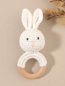 1pc Crochet Hand Bell Toy Rabbit Bear, Available In White, Pink, Blue, Beige, Brown Rabbit, Brown Bear, Baby Gift - Multicolor - View 9