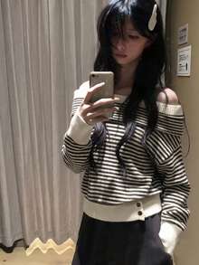 YCYC Korean Style Soft Knit Contrast Color Striped Long Sleeve Off-Shoulder Button-Up Top For Women - Black and White - View 1
