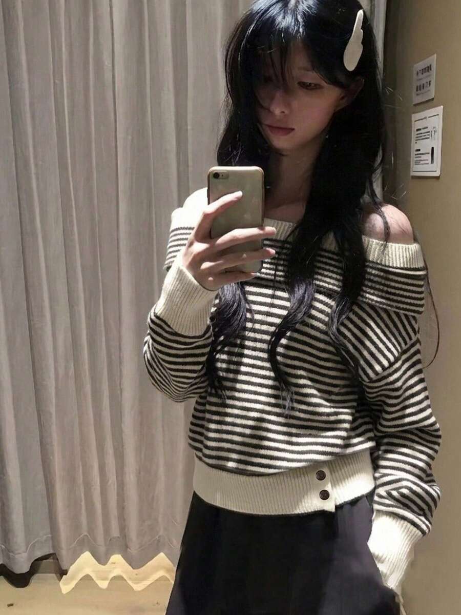 YCYC Korean Style Soft Knit Contrast Color Striped Long Sleeve Off-Shoulder Button-Up Top For Women - Black and White - View 1