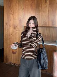 橘色條紋女款復古條紋底層上衣，修身收腰T恤 - 橘色條紋 - 查看 4