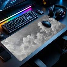 Grey Abstract Ink Art Gaming Mouse Pad Large Desk Mat, Non-Slip Rubber Base With Stitched Edge, XL Extended Computer Keyboard Desk Pad 35.4x15.7 Inch, Table Mat For Home Office & Gamers, Ideal Gift For Men Women - View 1