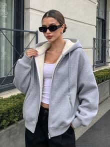 Women's Thermal Lined Thick Lamb Wool Hooded Sweatshirt Jacket, Warm Zipper Sweatshirt Top For Autumn/Winter - Grey - View 9