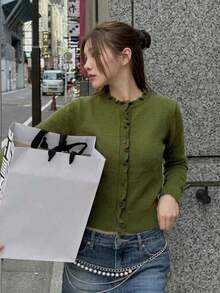 Áo cardigan len dệt kim co giãn nữ cổ tròn, tay dài, cài nút trước, viền bèo, màu xanh ô liu vintage, áo khoác layer mùa thu phong cách thường ngày - màu xanh lá - Xem 1
