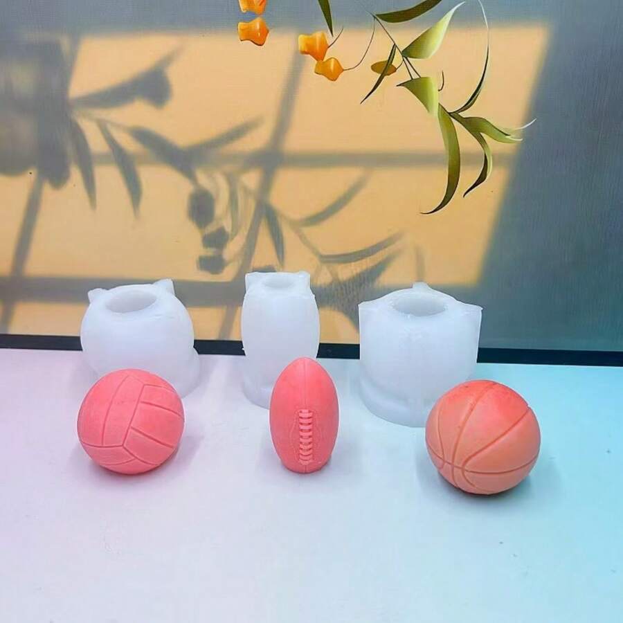 1pc Football Basketball Baseball Volleyball Rugby Scented Candle Silicone Mold, Handmade DIY Ball-Shaped Plaster Decor Silicone Mold - White - View 1