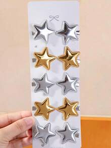 10pcs Girls Star Hair Clips, Gold & Silver Shiny Five-Pointed Star Alligator Hair Clips, Fashionable Cute Hair Accessories For Back Of Head, Christmas & Daily Use - Multicolor - View 1