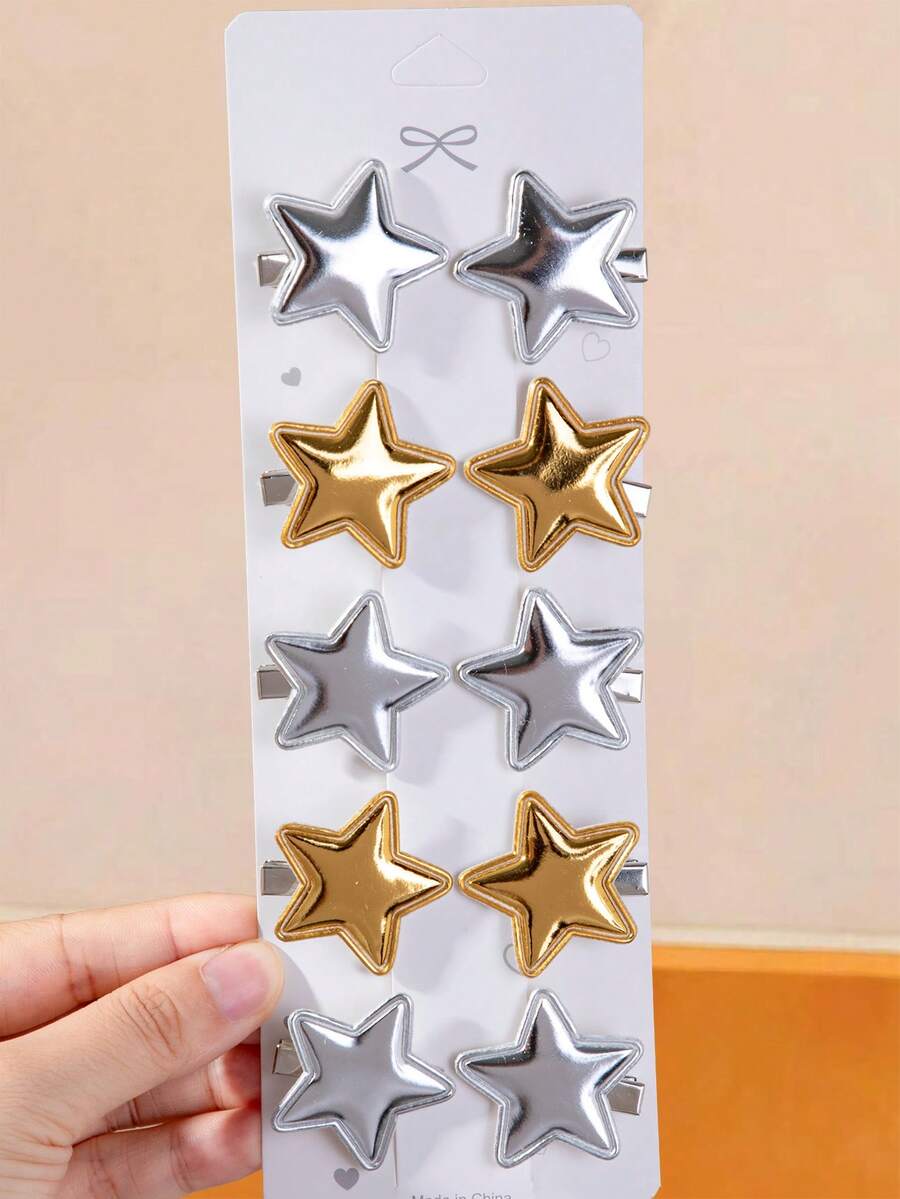 10pcs Girls Star Hair Clips, Gold & Silver Shiny Five-Pointed Star Alligator Hair Clips, Fashionable Cute Hair Accessories For Back Of Head, Christmas & Daily Use - Multicolor - View 1