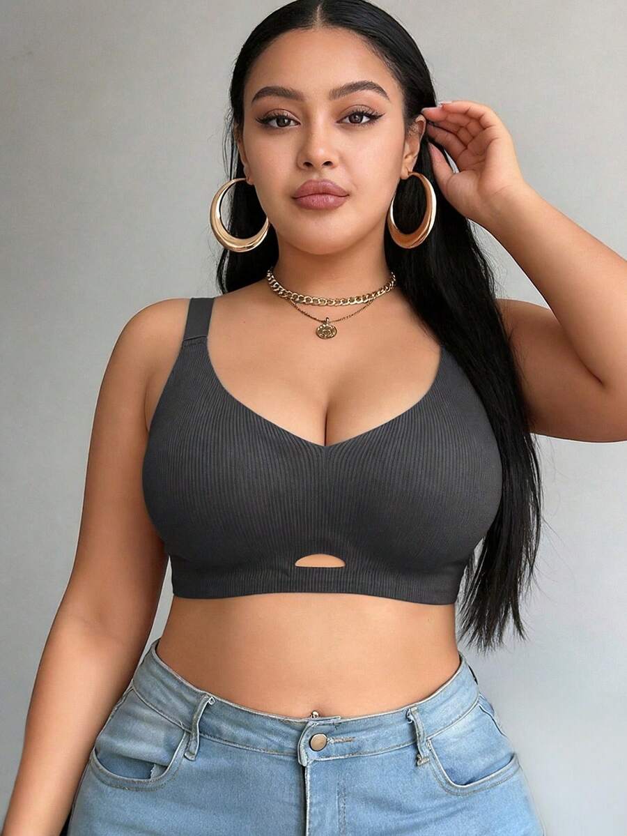 1pc Soft Support Full Coverage Wireless Bra For Women, Thin Seamless Lift & Enhance Plunge Bra With Adjustable Straps - Dark Grey - View 1