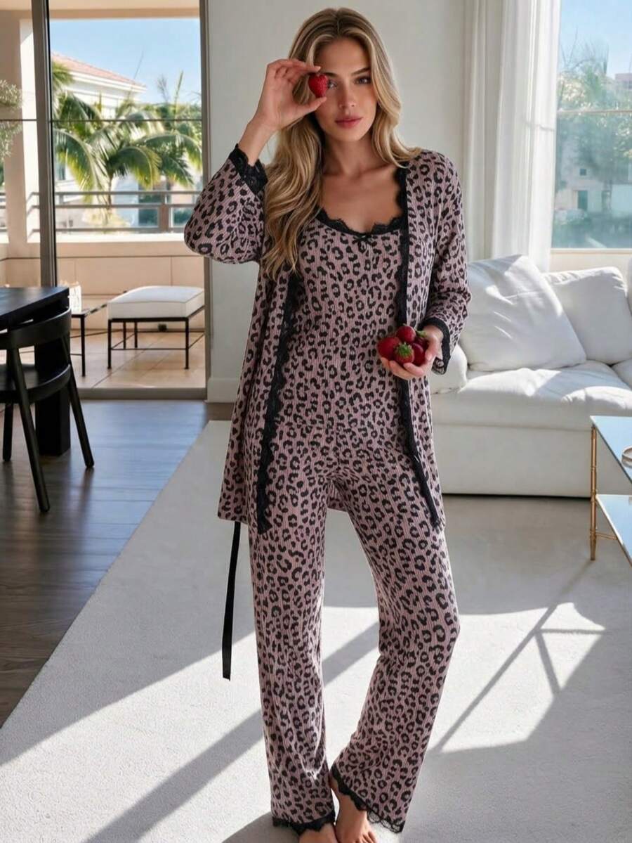 ❤️ 3-Piece Women's Lace-Trimmed Pajama Set – - Rusty Rose - View 1