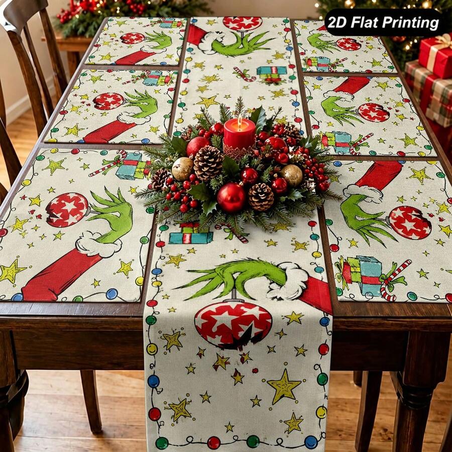 The Grinch Table Runner & Placemat Set , Christmas Table Runner, 13 * 72 Inches Tablecloth For New Year, Winter, Christmas Decoration, Home Party Table - Multicolor - View 1