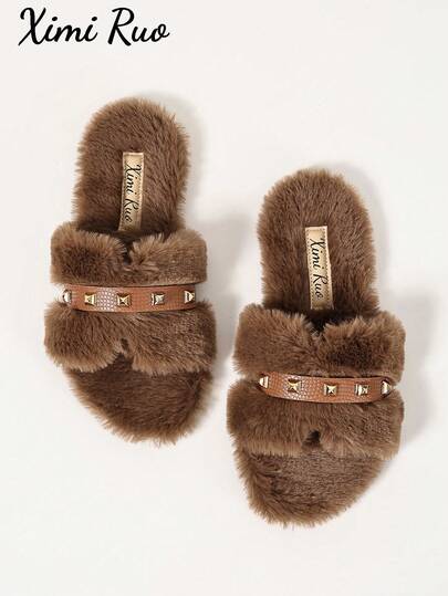 Ximi Ruo Pantuflas planas de unicolor y peludas para mujer, pantuflas casuales para vacaciones, playa y hogar, uso al aire libre, pantuflas cálidas de otoño/invierno, pantuflas peludas de moda minimalista, zapatos tipo slip-on holgados para mujer, forro suave y peludo, atuendo para el desplazamiento diario, uso en interiores, hogar, al aire libre y calle, pantuflas versátiles suaves y ligeras para mujer, pantuflas cálidas de otoño/invierno de estilo suave para mujer, zapatos cómodos y planos casuales para viajes, pantuflas de felpa holgadas de uso dual para hogar y al aire libre
