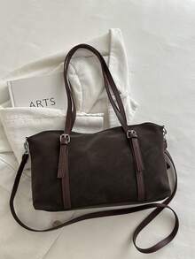 Tas Tote Kulit Sintetis Vintage Wanita, Dompet Kartu Mini yang Dapat Dilepas, Tali Bahu yang Dapat Diatur dengan Hiasan Kancing, Tas Bahu dan Selempang Kapasitas Besar - Kopi - View 5